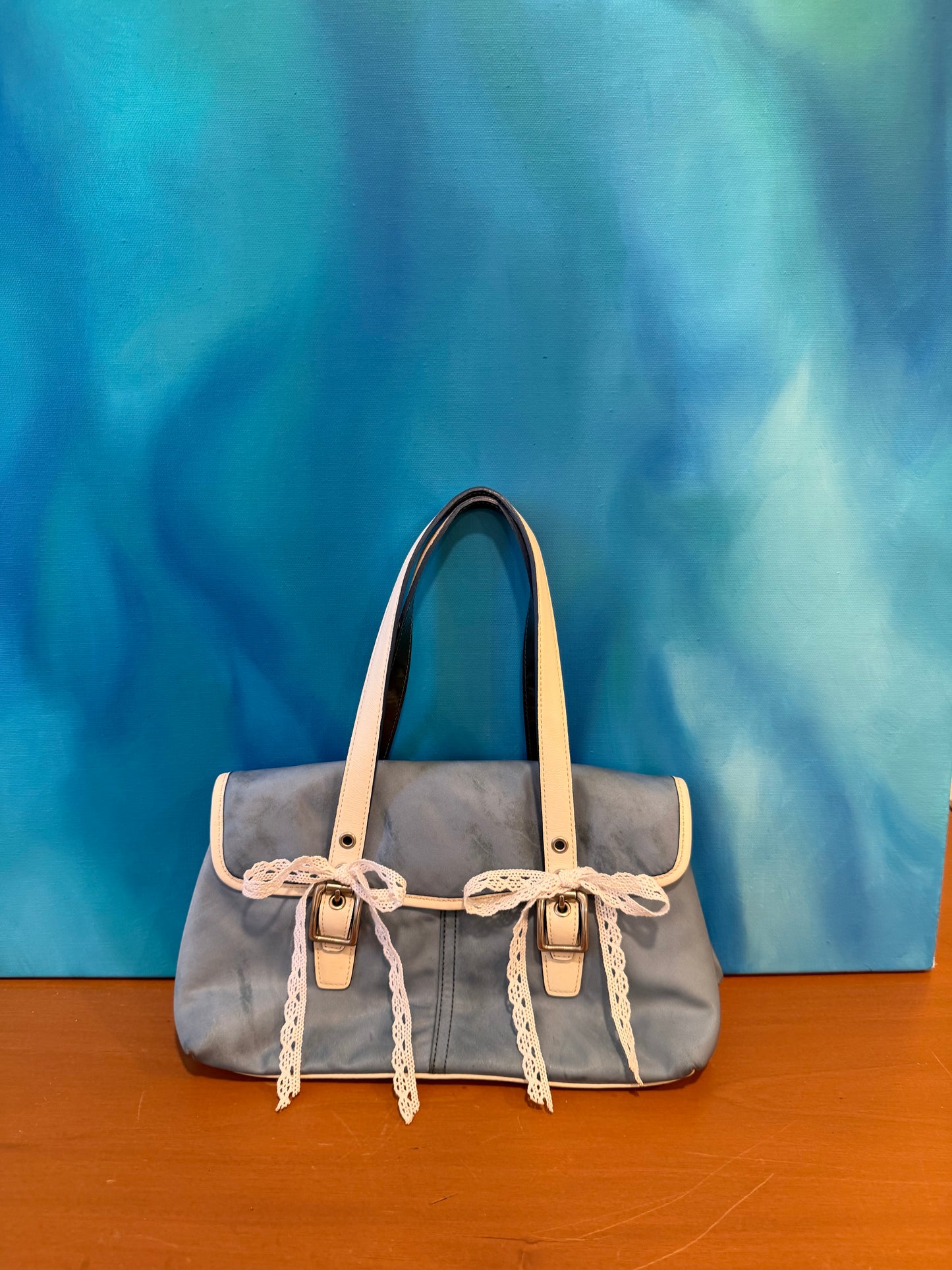 3). Vintage Y2K Baby Blue Small Satin Coach Bag