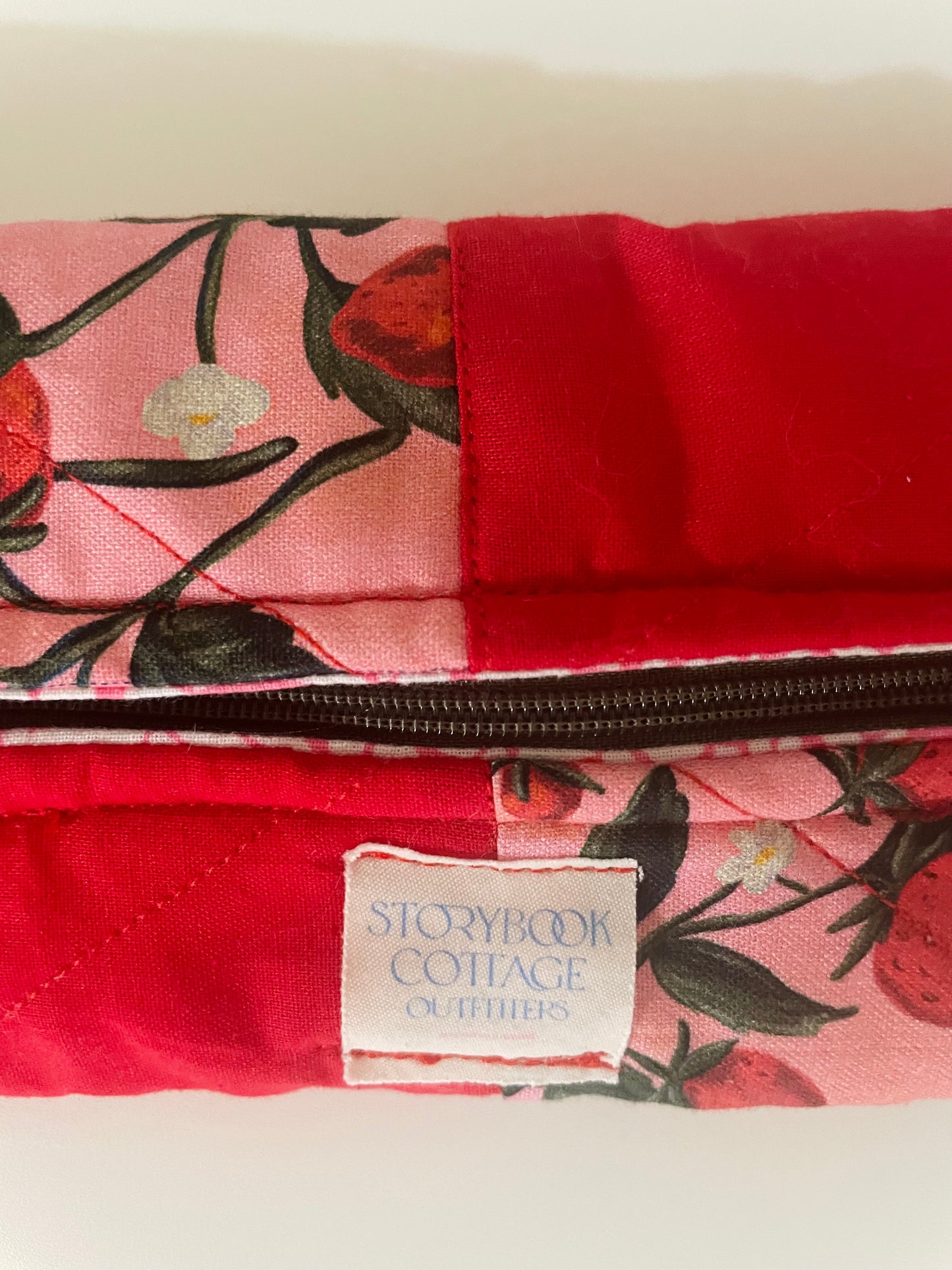 9). Pencil Pouch, Quilted Patchwork. Handmade. Strawberry Fields Forever. -red tones