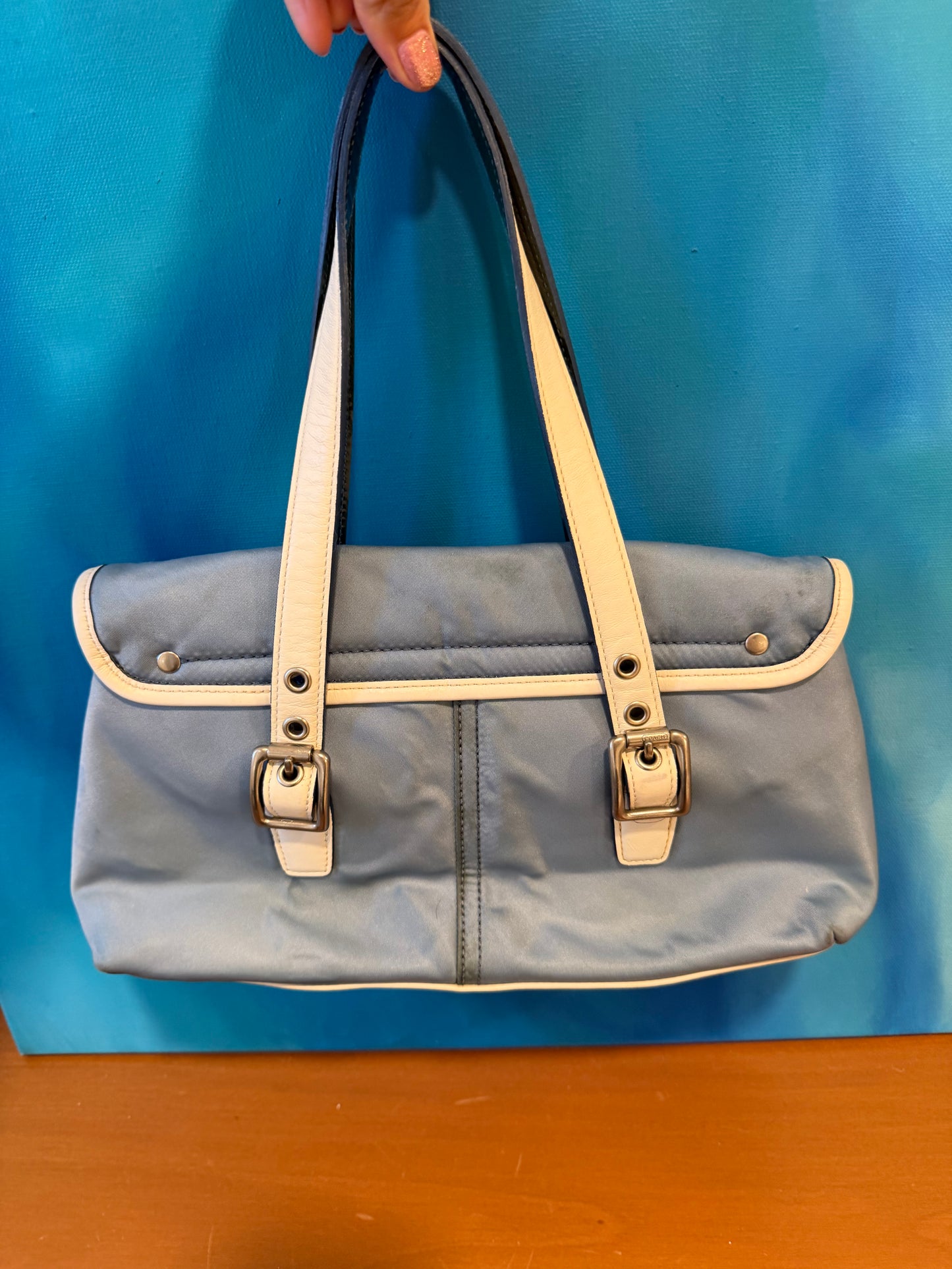 3). Vintage Y2K Baby Blue Small Satin Coach Bag