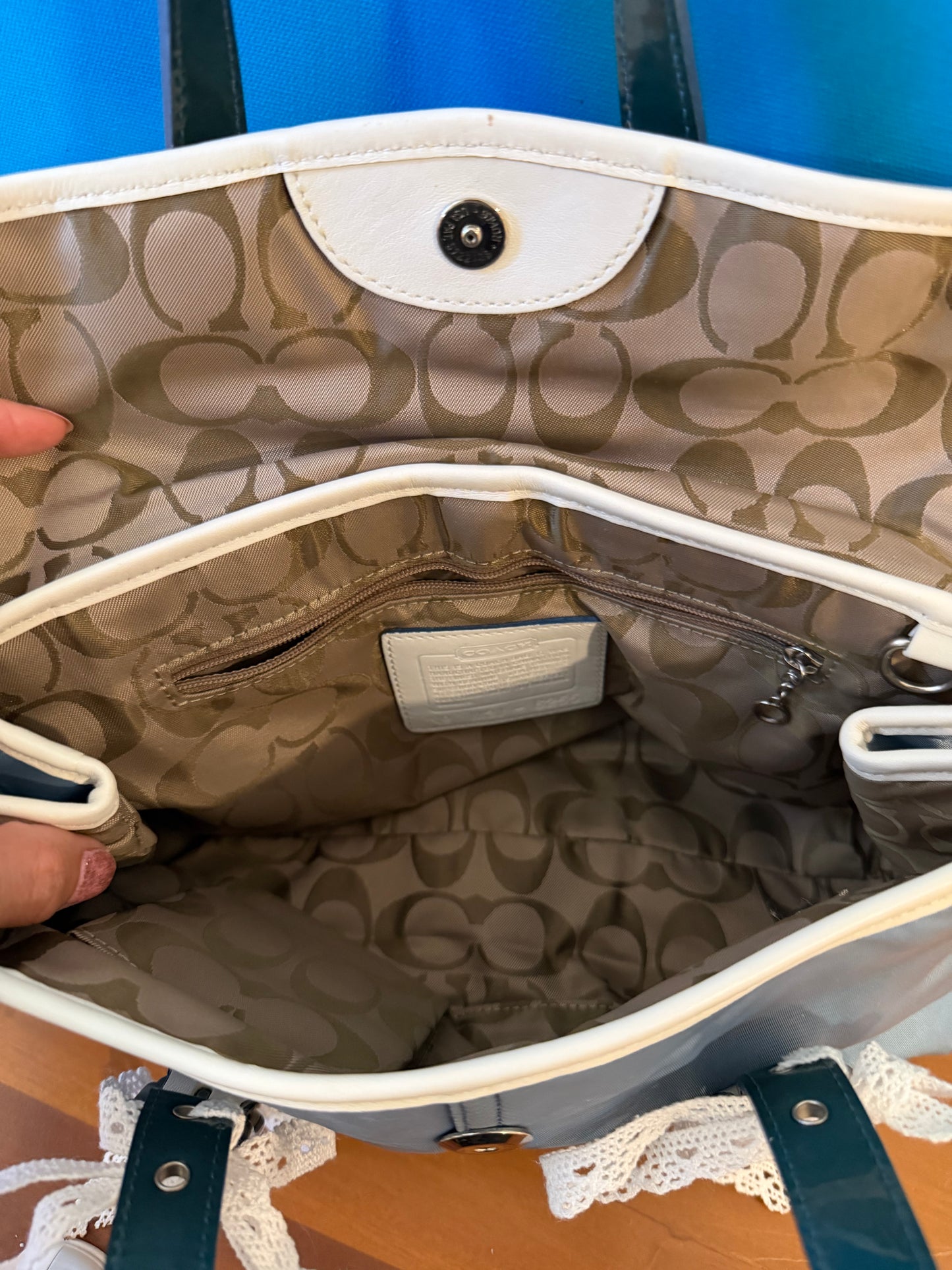 3). Vintage Y2K Baby Blue Small Satin Coach Bag