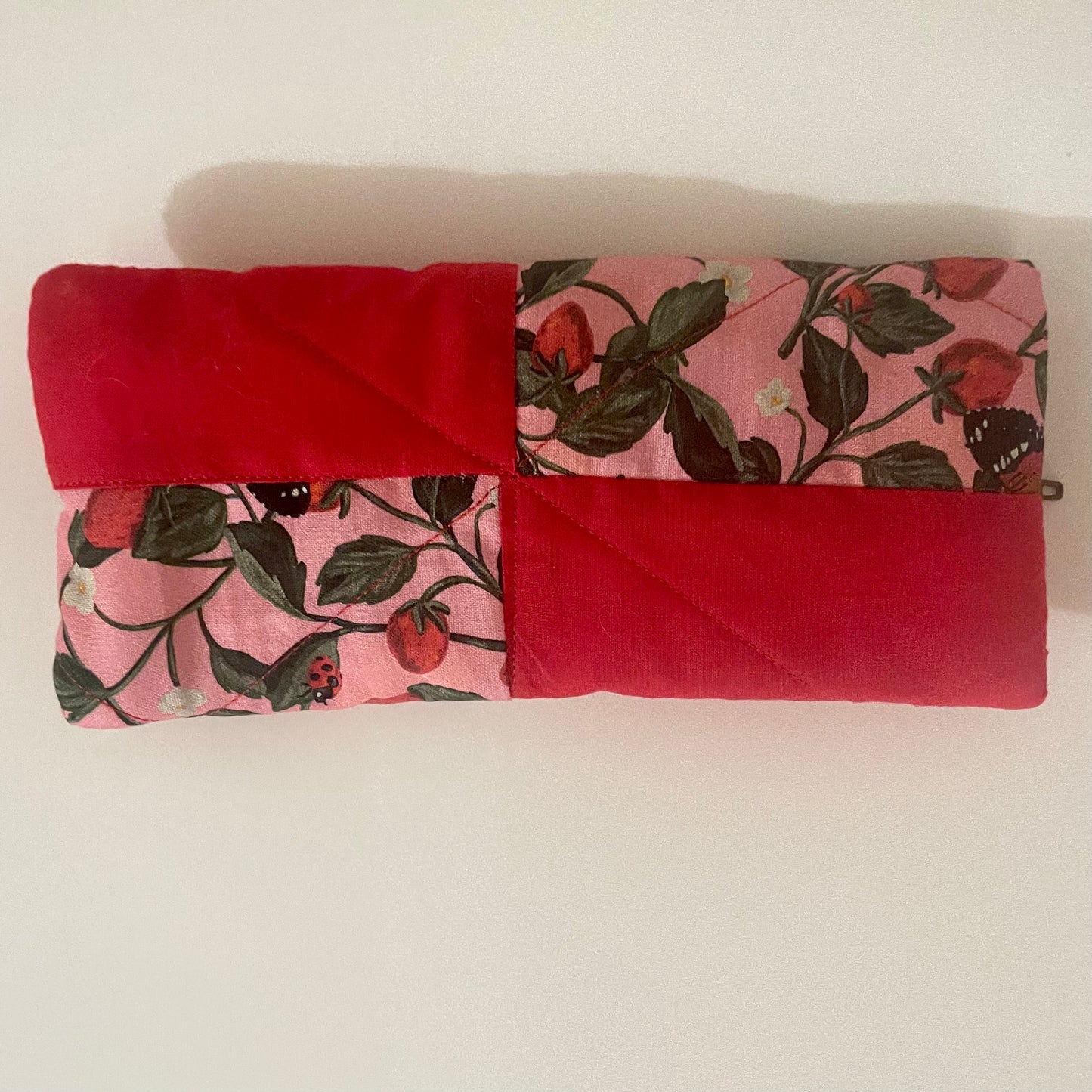 9). Pencil Pouch, Quilted Patchwork. Handmade. Strawberry Fields Forever. -red tones