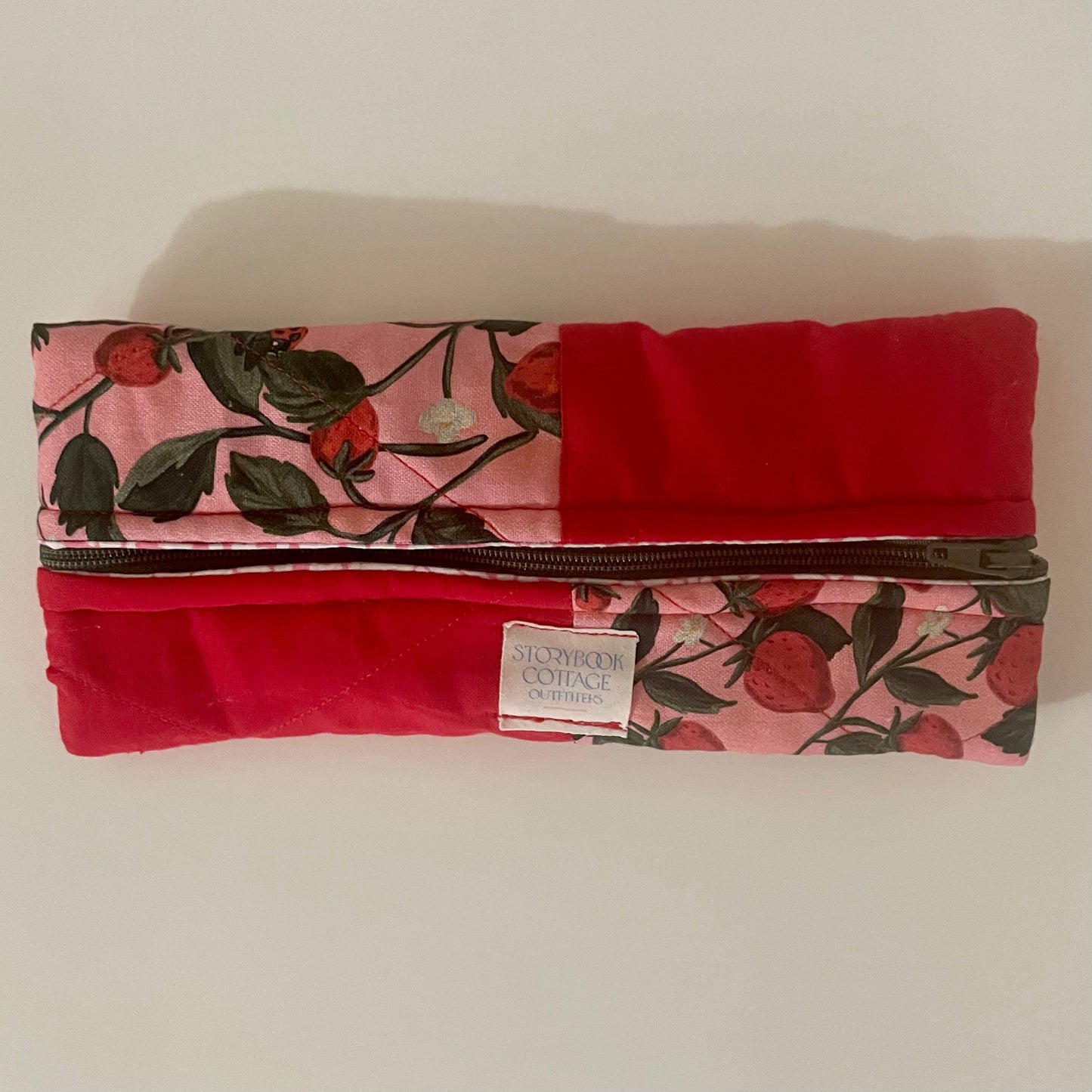 9). Pencil Pouch, Quilted Patchwork. Handmade. Strawberry Fields Forever. -red tones