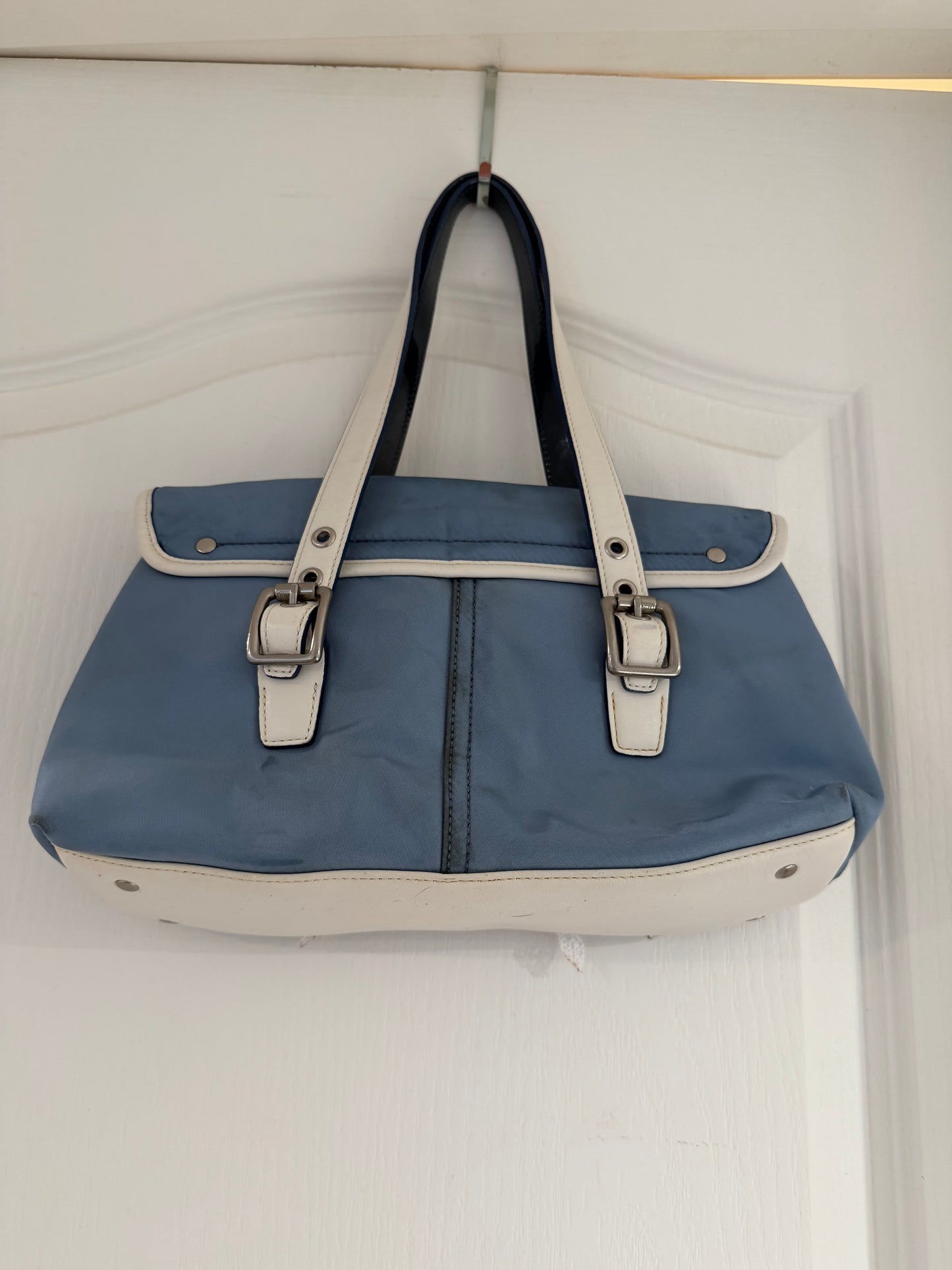 3). Vintage Y2K Baby Blue Small Satin Coach Bag