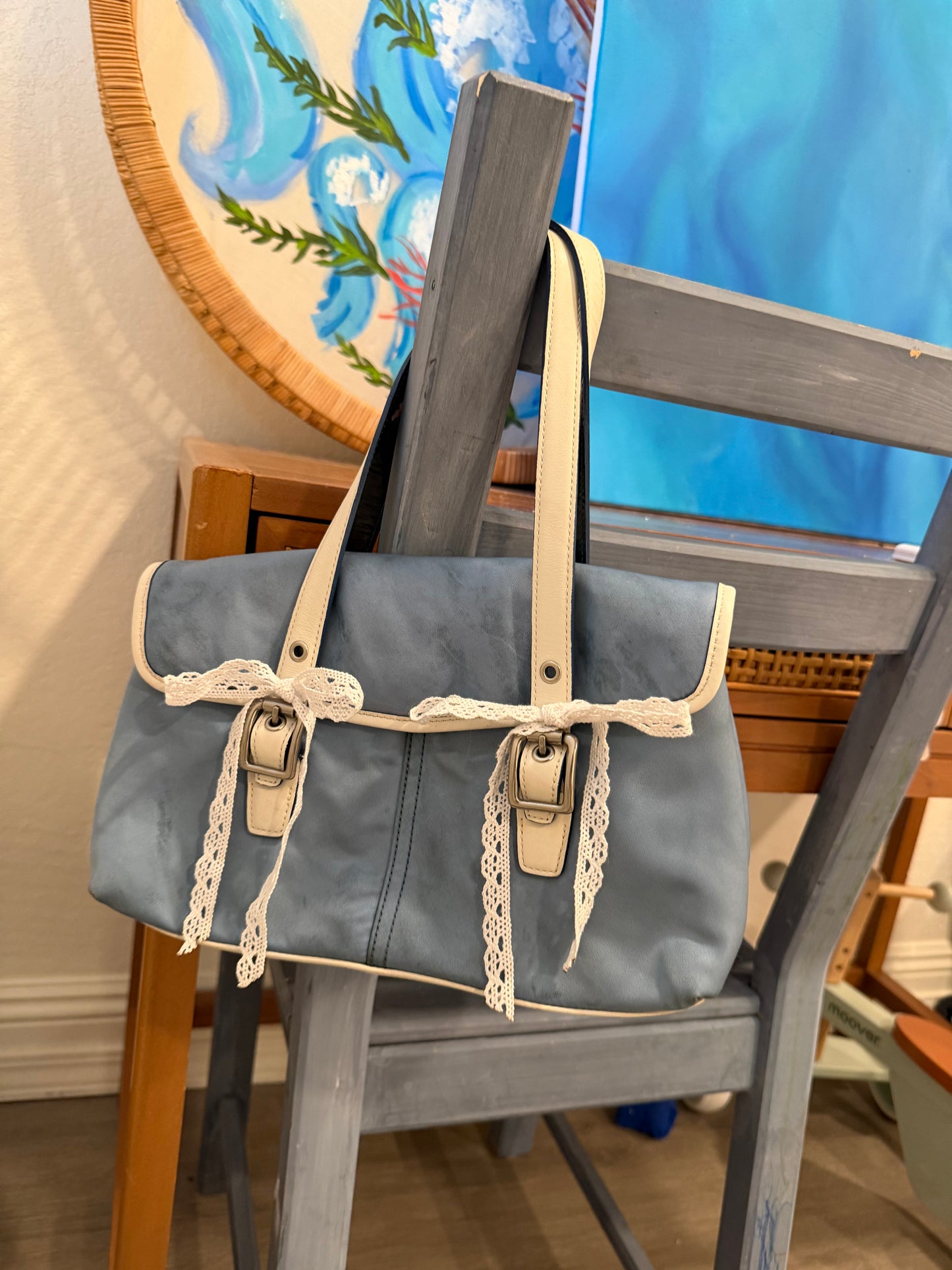 3). Vintage Y2K Baby Blue Small Satin Coach Bag