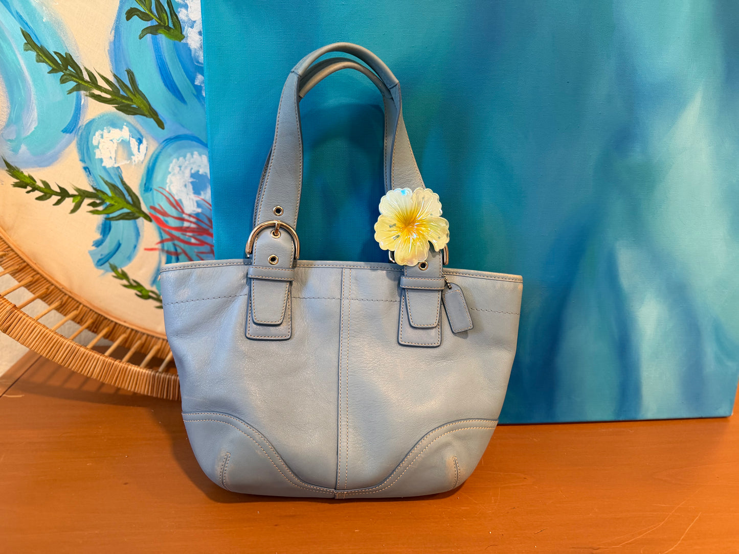 1). Vintage Y2K Coach Baby Blue Leather Shoulder Bag