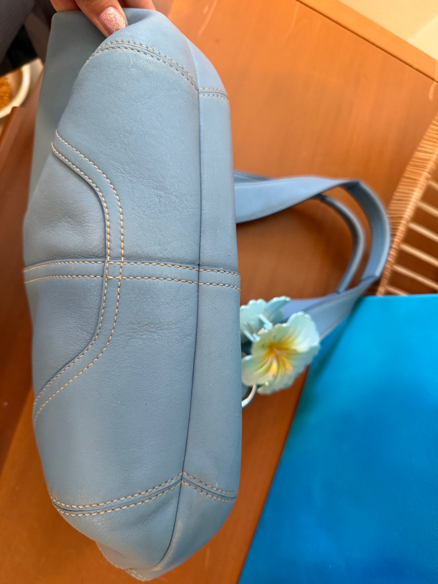 1). Vintage Y2K Coach Baby Blue Leather Shoulder Bag